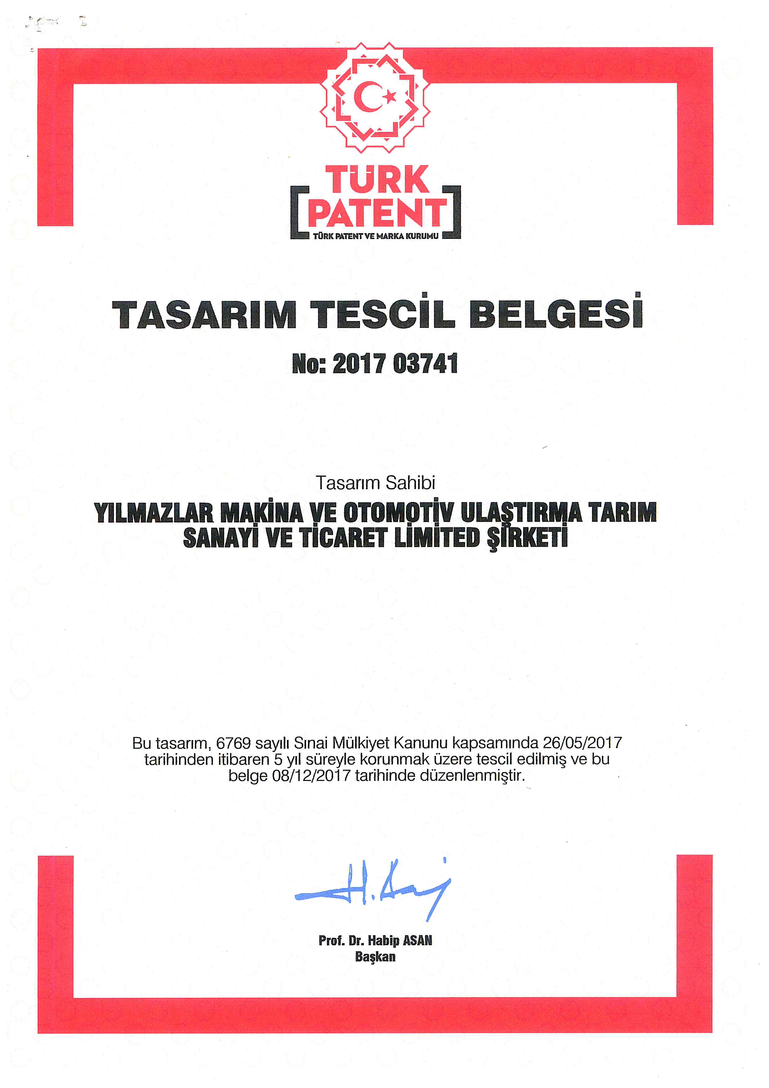 Tasarım Tescil Belgesi 1